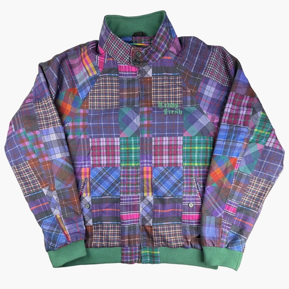 Teddy Fresh Mens XL Patchwork Plaid Bomber Jacket Purple Green Zip Up Raglan
